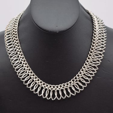 60's Egyptian Revival wide silver tone choker, abstract industrial curved metal statement necklace 