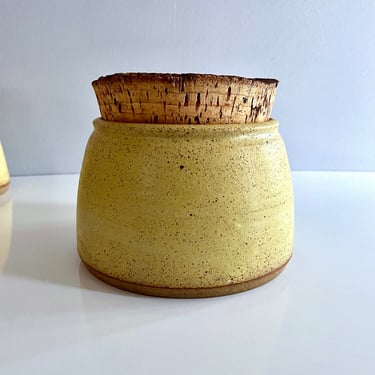 Medium Studio Pottery Cookie Jar, Treat Jar, Rustic Cork n Stoneware, Mustard Yellow with Brown Speckles - Kitchen Bathroom Storage Canister 