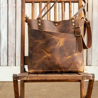 Leather Tote Bag With Front Pocket | Leather Bag | Leather Purse Crossbody | Made in USA | The Slant Bag 