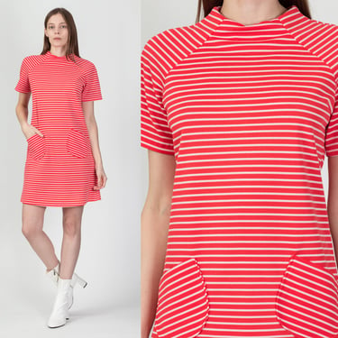 60s Red & White Striped Mod Mini Dress - Medium | Vintage Short Sleeve Retro A Line Shift Dress 