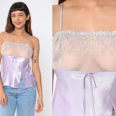 90s Satin Cami Top Sheer Lavender Floral Embroidered Camisole Mesh Lingerie Shirt Square Neck Liquid 1990s Sexy Shirt Spaghetti Strap Medium 