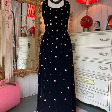 vintage 1960s black velvet maxi dress novelty gold buttons 60s evening formal 27 