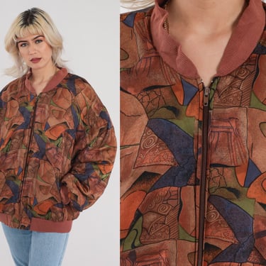 Silk Bomber Jacket y2k Abstract Print Zip Up Windbreaker Retro Streetwear Swirl Pattern Sporty Brown Green Blue Vintage 00s Extra Large xl 