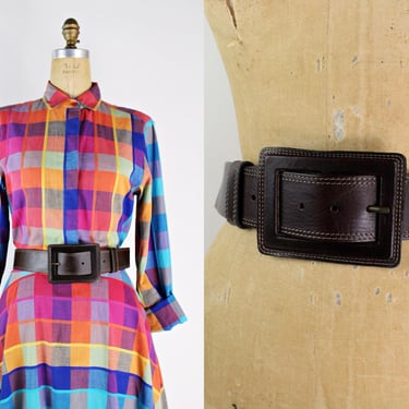 90s Oversized Buckle Brown Leather Belt / Vintage Rectangle Buckle Leather Belt / Size S/M / up to 35