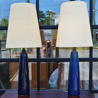 2 Tall Blue Lotte Bostlund Lamps w/ Original Fiberglass Shades