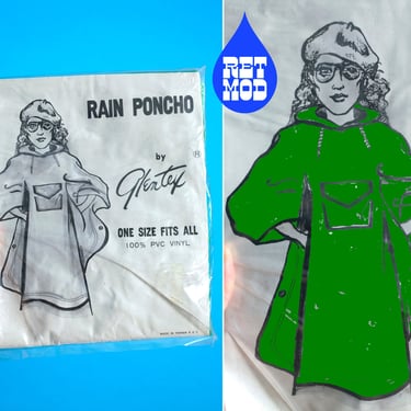Groovy DEADSTOCK Vintage 70s 80s Green Vinyl Rain Poncho with Hood & Center Pocket 