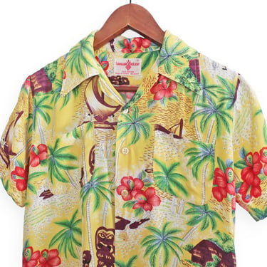 vintage aloha shirt / rayon Hawaiian shirt / 1960s yellow aloha tiki palm tree print rayon Hawaiian shirt Small 