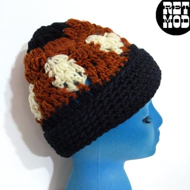 Cute Vintage 60s 70s Black Brown Cream Chunky Crochet Winter Cap by Betmar 