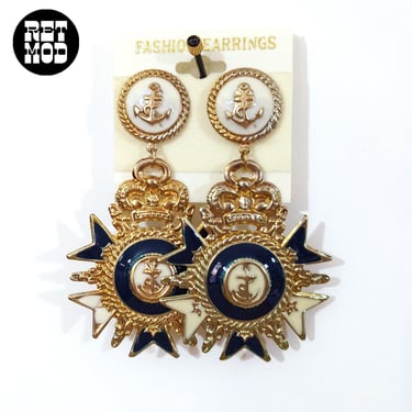 Fabulous Vintage 80s 90s Nautical Anchor Medal Dangle Statement Deadstock Earrings 