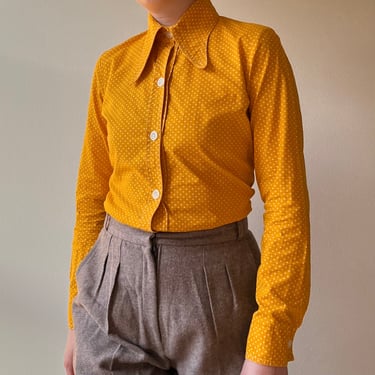 Original Late 60s Early 70s Dagger Collar Polka Dor Shirt Blouse Mustard Yellow Small 