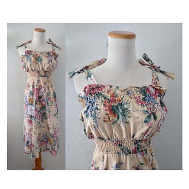 Vintage 70s Sundress - Floral Shoulder Tie Smocked Sundress - Boho Hippie - Size Large 