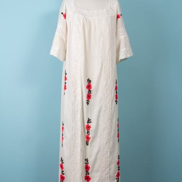 1970s Cotton Gauze Kaftan Dress with Neon Red Embroidered Flowers and Crochet Trim 