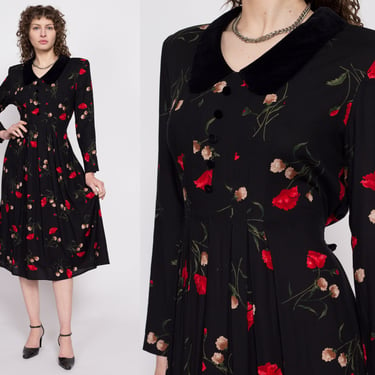 80s Black Floral Velvet Collar Midi Dress - Medium | Vintage Long Sleeve Grunge Secretary Shirtdress 
