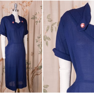 1950s Dress - Early 50s Classic Navy Day Dress in an Airy Ventilated Cotton and Linen Blend Volup XL 