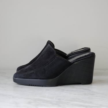 black wedge mules | 90s y2k vintage minimal black suede high heel mules US size 6.5 