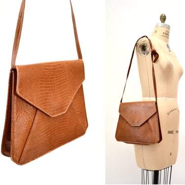 Vintage Donna Karan Brown Leather Envelope Bag Brown Leather Snakeskin reptile Shoulder Bag// 80s Brown Envelope Leather Shoulder Bag Purse 