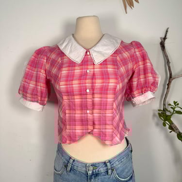 Vintage PINK PLAID BLOUSE with Peter Pan Collar and Puff Sleeves 