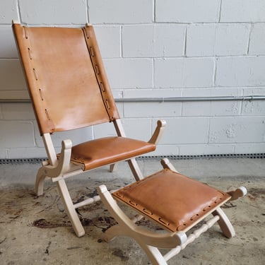 Vintage Folding Leather Chair with Matching Ottoman
