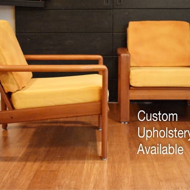 PAIR of solid Danish teak sled/lounge chairs (custom upholstery available) 