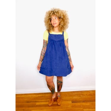 Overall Dress // vintage sun blue overalls corduroy 70s boho hippie hippy mini // O/S 