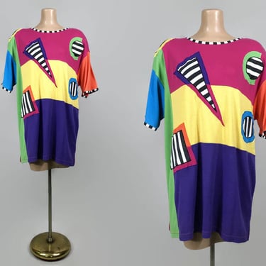 VINTAGE 80s 90s Geometric Color Block Tunic T-Shirt by Extra Touch | 1980s 1990s Aesthetic Boxy Shirt Dress | vfg 