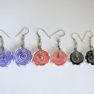 Psychedelic 70's 925 silver peppermint glass dangles,  3 sets mod glass wheels sterling paperclip chain earrings 