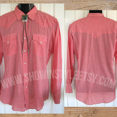 Miller Vintage Western Men's Shirt, Cowboy &amp; Rodeo, Red and White Gingham Checked, Size 16-35, Approx. Medium (see meas. photo) 