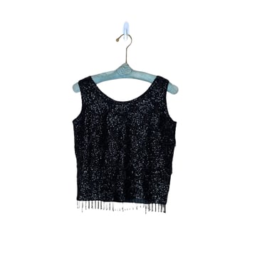 Vintage 50’s Black Wool Sequin Beaded Shell Sleeveless Top size small 