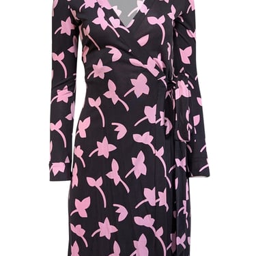 Diane von Furstenberg - Black w/ Pink Floral Print Silk Wrap Dress Sz 2