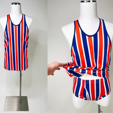 1970s-1980s 2 Piece Red White & Blue Striped Athletic Underwear and Tank Top by Towncraft JC Penney M/L | PE, Funny, 4th of July, Costume 