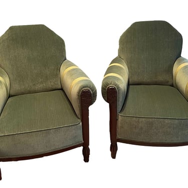 French Art Deco Club Chairs Green Velvet and Silk