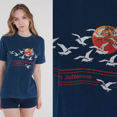Port Jefferson Shirt 80s New York T-Shirt Seagull Sunset Graphic Tee NY USA Tourist TShirt Single Stitch Blue Vintage 1980s Small Medium 