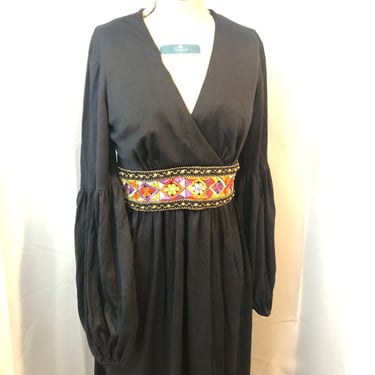 1970s boho black maxi wrap dress with balloon sleeves paisley sash S 