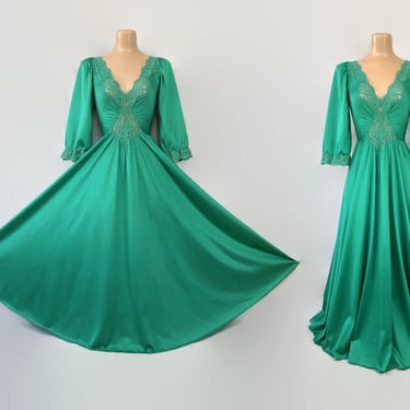 VINTAGE 80s Rare Long Sleeve OLGA Kelly Green Nylon & Sheer Lace Full Sweep Nightgown | Stretch Sweetheart Bodice | Style 92470 Small FLAWS 