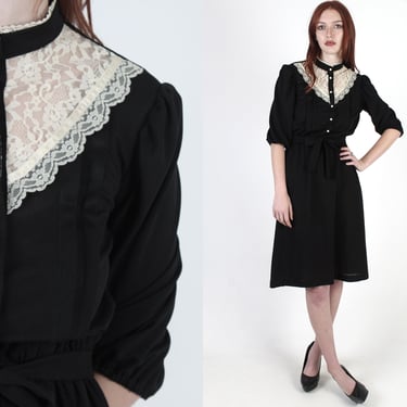 Lightweight White Tuxedo Ruffle Dress / Vintage 70s Plain Black Saloon Dress / Farm Girl Full Skirt Button Up Mini Dress 