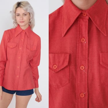 70s Red Shirt Button Up Blouse Dagger Collar Top Long Sleeve Collared Utility Chest Pocket Retro Disco Plain Vintage 1970s Medium M 