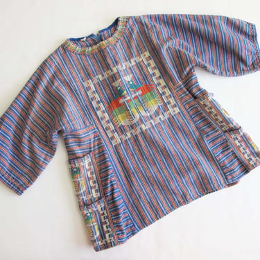 Embroidered Mexican Shirt - 70s Blouse - Guatemalan Shirt - Blue Indigo Striped Top - Floral Embroidered Boho Top - Hippie Shirt - S M 