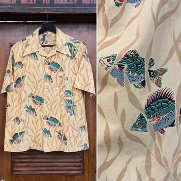 Vintage 1940’s Size L “McGregor” Atomic Underwater Fish Cotton Rockabilly Hawaiian Shirt, 40’s Loop Collar, Vintage Clothing 