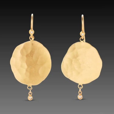 Ananda Khalsa | 22k Hammered Gold Disk Drop Earring with Diamond Drop