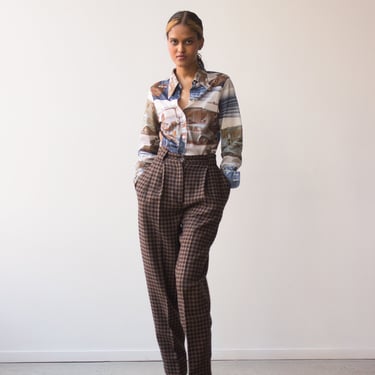 1980s Byblos Black and Brown Houndstooth Wool Trousers 