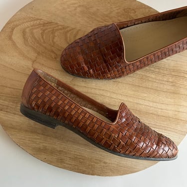 Vintage 90s Brown Genuine Leather Woven Weaved Loafer Shoe Size 8 