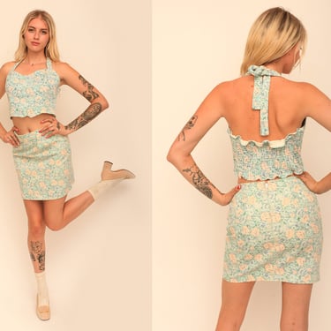 Vintage 1990s 90s Pastel Floral Denim Two Piece Halter Top & Skirt Set 