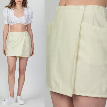 80s 90s Green Chantilly Grid Print Mini Wrap Skirt - Small, 26.5