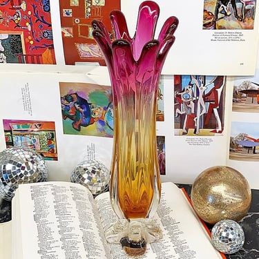 Vintage Arte Murano Glass Vase Retro 1990s Contemporary + Pink Amber Color + Flower Top + Italian + Home Decor + Flower and Plant Display 