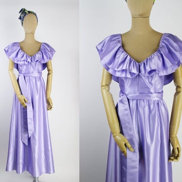 80s Lilac Satin Maxi Dress / Cocktail Dress / Off Shoulder Dress / Size XXS/XS 