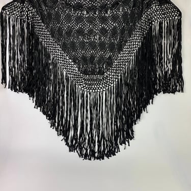 1920'S Ribbon Lace Shawl - Black Silk Ribbon - Elaborate Woven Details with 18 inch Fringe 