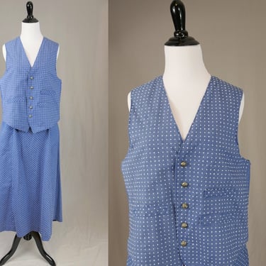 Vintage Lady's Skirt and Man's Waistcoat Set for Costume - Light Blue w/ White Flocked Polka Dots - 24 waist skirt, 42 chest vest 