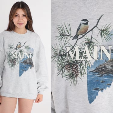 Maine Sweatshirt 90s Heather Grey Crewneck Sweater Chickadee Bird Pine Tree Ocean Coast Graphic Shirt US State Vintage 1990s Extra Large xl 