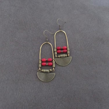 Chandelier earrings, red magnesite stone and bronze, ethnic statement earrings, bold earrings, bohemian boho chic earrings 