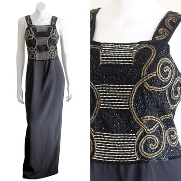 Vintage 1990s Black Sleeveless Beaded Gown | Silver and Gold Beaded Bodice 
